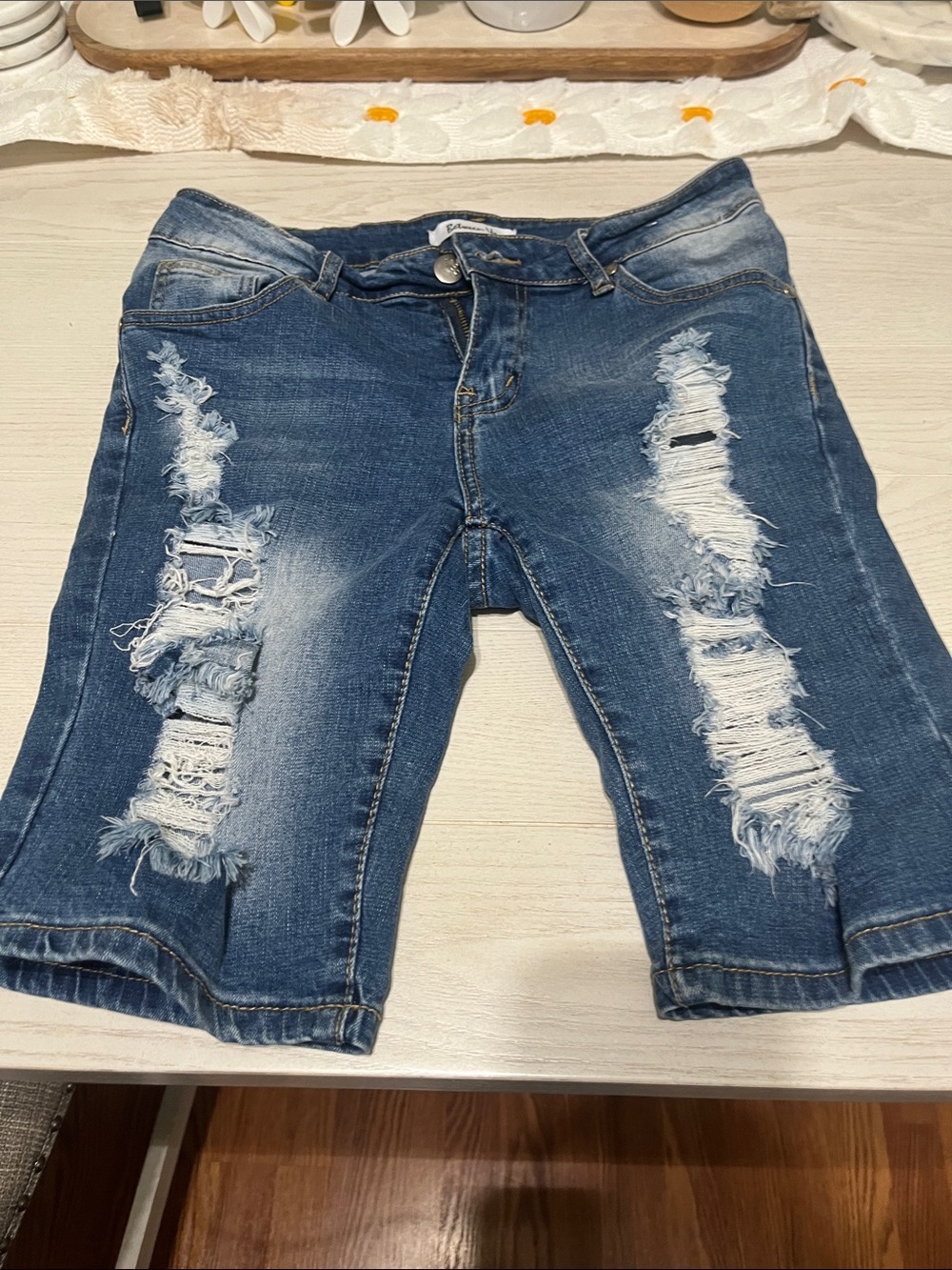 Women’s Distressed Dark Blue Jean Shorts